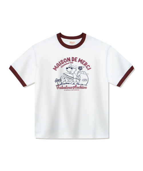 FABULOUS ARCHIVE(ファビュラスアーカイブ)の「ユニセックス オーバーサイズ パピーサーフィン リンガー 半袖Tシャツ ホワイトダークレッド(FCE2TS401M)(Tシャツ/カットソー・レディース・ホワイト系その他・SMALL/MEDIUM/LARGE)」の2枚目の写真