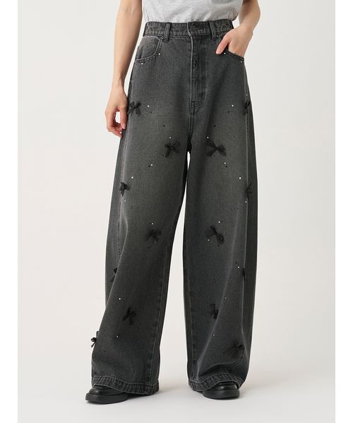 SNIDEL(スナイデル)の「リボンビジューワイドパンツ(その他パンツ・レディース・ライトブルー/ブラック・1/0)」の4枚目の写真