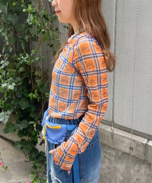 HELLO.SANFRANCISCO(ハローサンフランシスコ)の「【HELLO.SANFRANCISCO】チェックスタープリントロゴシアー(Tシャツ/カットソー・レディース・ピンク/オレンジ・ONE SIZE)」の12枚目の写真