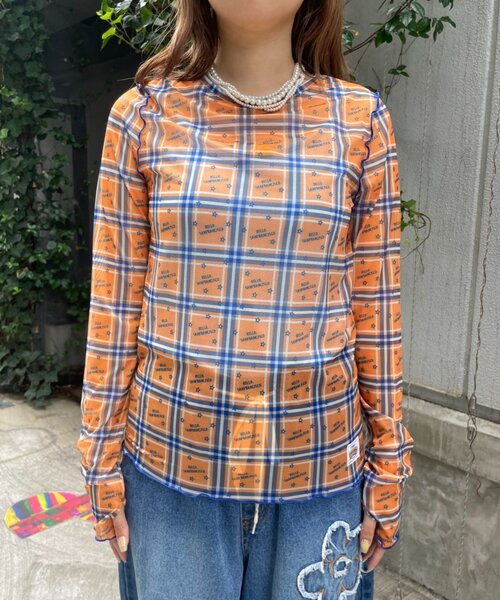HELLO.SANFRANCISCO(ハローサンフランシスコ)の「【HELLO.SANFRANCISCO】チェックスタープリントロゴシアー(Tシャツ/カットソー・レディース・ピンク/オレンジ・ONE SIZE)」の17枚目の写真