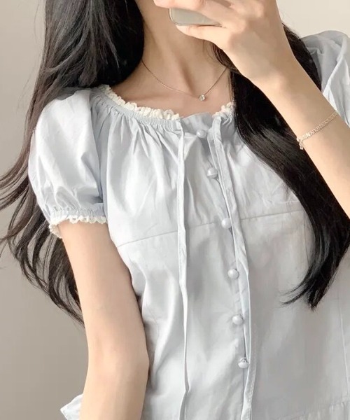 FLINEA(フリネア)の「シングルブレストギャザーブラウス(シャツ/ブラウス・レディース・ホワイト/ベージュ/ブルー・FREE)」の6枚目の写真