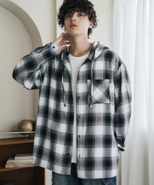 Rocky Monroe(ロッキーモンロー)の「フランネル オーバーサイズ長袖フードチェックシャツ フーディーシャツ(シャツ/ブラウス・メンズ・ブラウン/ブラック/ホワイト/ブラック×ベージュ/ブラウン系・XL/L/M)」の19枚目の写真