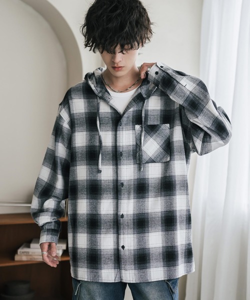 Rocky Monroe(ロッキーモンロー)の「フランネル オーバーサイズ長袖フードチェックシャツ フーディーシャツ(シャツ/ブラウス・メンズ・ブラウン/ブラック/ホワイト/ブラック×ベージュ/ブラウン系・XL/L/M)」の20枚目の写真