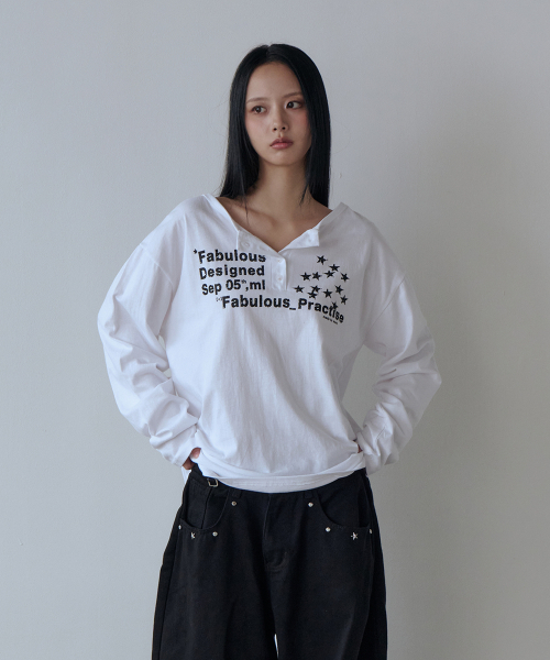 セール】ルーズフィットヘンリーネックロングスリーブ（ホワイト）（T