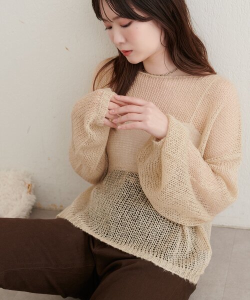natural couture(ナチュラルクチュール)の「透かし編みニット(ニット/セーター・レディース・ピンク/ブラック/ライトベージュ/ブラウン/サックスブルー・SMALL/FREE)」の1枚目の写真