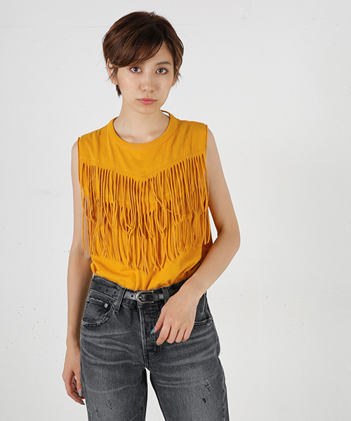 MOUSSY（マウジー）の「FRINGE DESIGN TANK（タンクトップ・レディース・ライトブラック/オフホワイト/イエロー・FREE）」の3枚目の写真