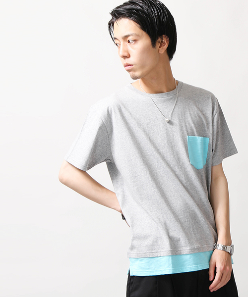 WEGO（ウィゴー）の「WEGO/フェイクレイヤードポケットTシャツ（Tシャツ/カットソー・メンズ・ブラック/杢グレー/ターコイズブルー/ホワイト/オレンジ系その他6/グレー系その他5/ブラック系その他5/ブルー系その他5・LARGE/MEDIUM）」の5枚目の写真