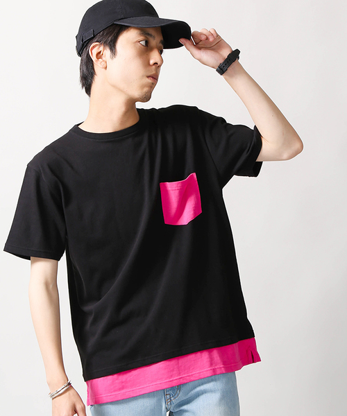 WEGO（ウィゴー）の「WEGO/フェイクレイヤードポケットTシャツ（Tシャツ/カットソー・メンズ・ブラック/杢グレー/ターコイズブルー/ホワイト/オレンジ系その他6/グレー系その他5/ブラック系その他5/ブルー系その他5・LARGE/MEDIUM）」の3枚目の写真