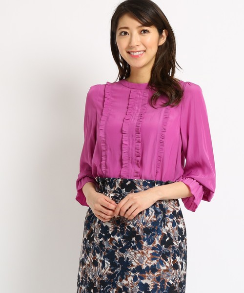 Sunauna(スーナウーナ)の「【洗える】フリルサテンブラウス(シャツ/ブラウス・レディース・モスグリーン/ダークパープル・34/38/40)」の1枚目の写真