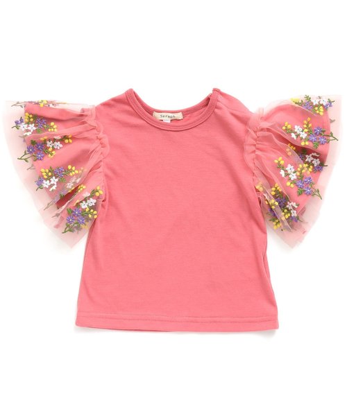 Seraph（セラフ）の「チュール刺繍袖Tシャツ（Tシャツ/カットソー・キッズ・ブラック/ピンク/オフホワイト・95/140/110/90/100/80/120/130）」の3枚目の写真