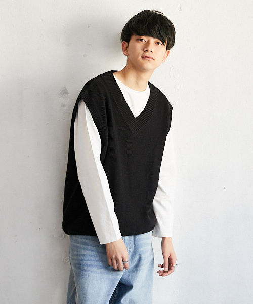 PairPair(ペアペア)の「Vネックニットベスト(ベスト・メンズ・ブラック/ライトベージュ・FREE)」の7枚目の写真