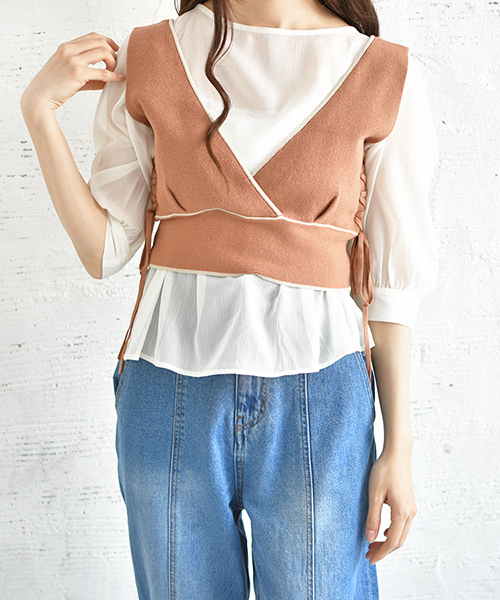 PairPair（ペアペア）の「ニットビスチェ×シアーブラウスセット（シャツ/ブラウス・レディース・ブラック/ベージュ/ブラウン系その他・FREE）」の2枚目の写真