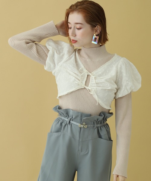 one after another NICE CLAUP（ワンアフターアナザーナイスクラップ）の「チロルブラウス＋リブニットセット（ニット/セーター・レディース・オフホワイト/ミント/ライトベージュ・FREE）」の2枚目の写真