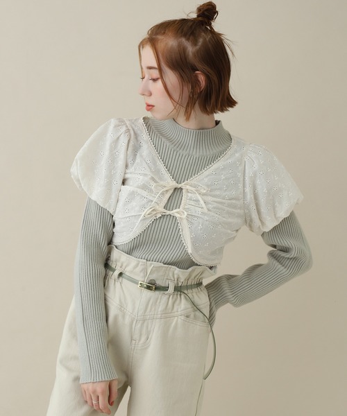 one after another NICE CLAUP（ワンアフターアナザーナイスクラップ）の「チロルブラウス＋リブニットセット（ニット/セーター・レディース・オフホワイト/ミント/ライトベージュ・FREE）」の7枚目の写真