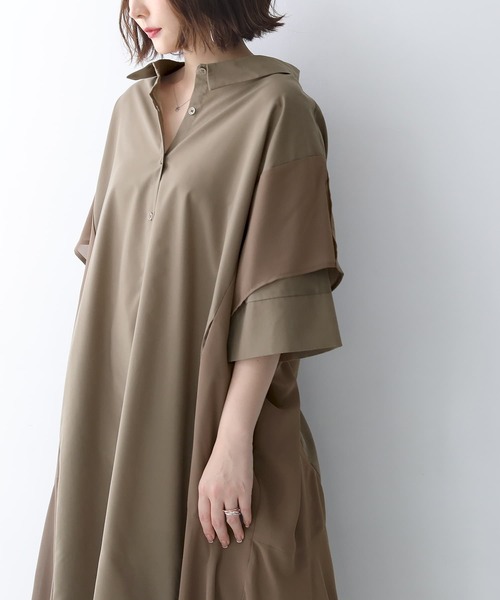 osharewalker（オシャレウォーカー）の「【廃盤】『ランダムヘム異素材配色シャツワンピース』（シャツワンピース・レディース・ブラック/カーキ/オフホワイト・FREE）」の3枚目の写真