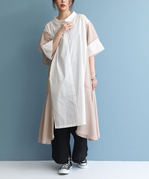 osharewalker（オシャレウォーカー）の「【廃盤】『ランダムヘム異素材配色シャツワンピース』（シャツワンピース・レディース・ブラック/カーキ/オフホワイト・FREE）」の4枚目の写真