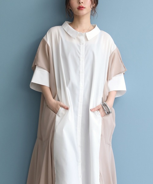 osharewalker（オシャレウォーカー）の「【廃盤】『ランダムヘム異素材配色シャツワンピース』（シャツワンピース・レディース・ブラック/カーキ/オフホワイト・FREE）」の5枚目の写真