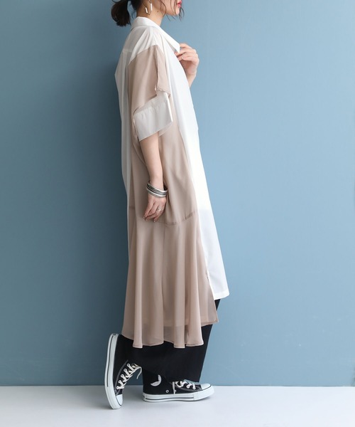 osharewalker（オシャレウォーカー）の「【廃盤】『ランダムヘム異素材配色シャツワンピース』（シャツワンピース・レディース・ブラック/カーキ/オフホワイト・FREE）」の10枚目の写真