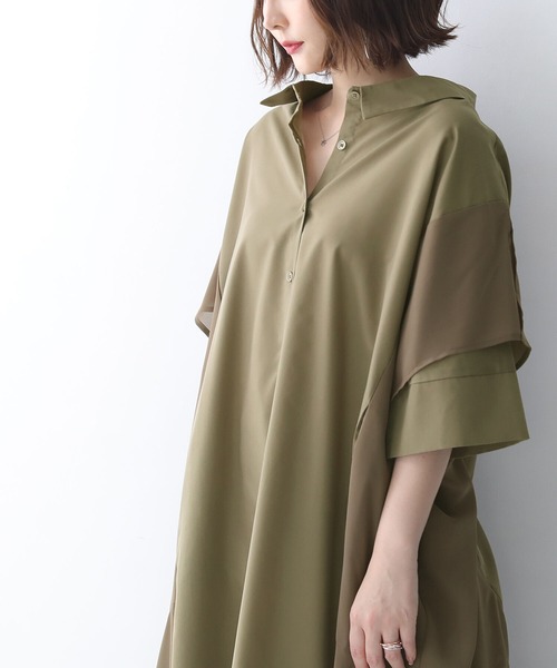 osharewalker（オシャレウォーカー）の「【廃盤】『ランダムヘム異素材配色シャツワンピース』（シャツワンピース・レディース・ブラック/カーキ/オフホワイト・FREE）」の11枚目の写真