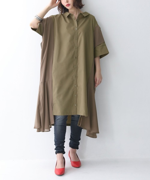 osharewalker（オシャレウォーカー）の「【廃盤】『ランダムヘム異素材配色シャツワンピース』（シャツワンピース・レディース・ブラック/カーキ/オフホワイト・FREE）」の12枚目の写真