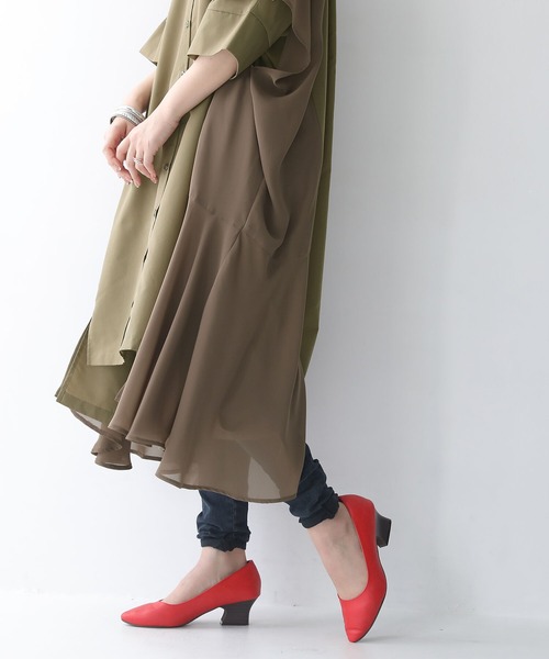 osharewalker（オシャレウォーカー）の「【廃盤】『ランダムヘム異素材配色シャツワンピース』（シャツワンピース・レディース・ブラック/カーキ/オフホワイト・FREE）」の14枚目の写真