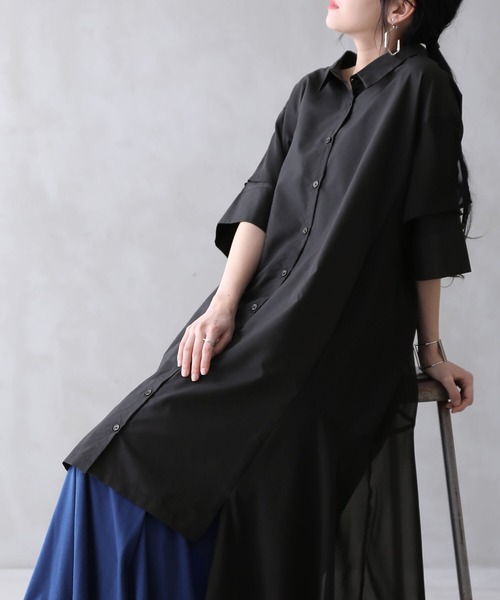 osharewalker（オシャレウォーカー）の「【廃盤】『ランダムヘム異素材配色シャツワンピース』（シャツワンピース・レディース・ブラック/カーキ/オフホワイト・FREE）」の16枚目の写真