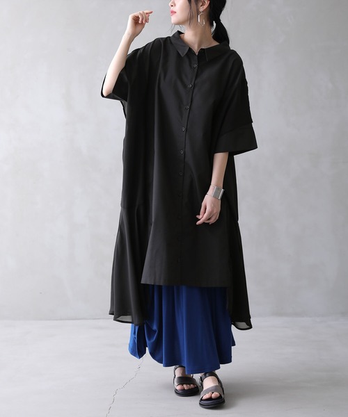 osharewalker（オシャレウォーカー）の「【廃盤】『ランダムヘム異素材配色シャツワンピース』（シャツワンピース・レディース・ブラック/カーキ/オフホワイト・FREE）」の17枚目の写真