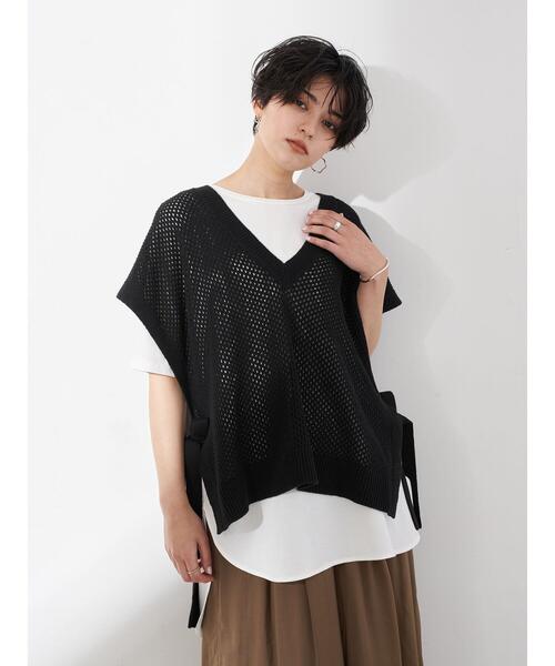 Editt by YECCA VECCA（エディットバイイェッカヴェッカ）の「メッシュ編ミニットベスト　＊（ニット/セーター・レディース・ライトグレー/ブラック/ベージュ・FREE）」の20枚目の写真