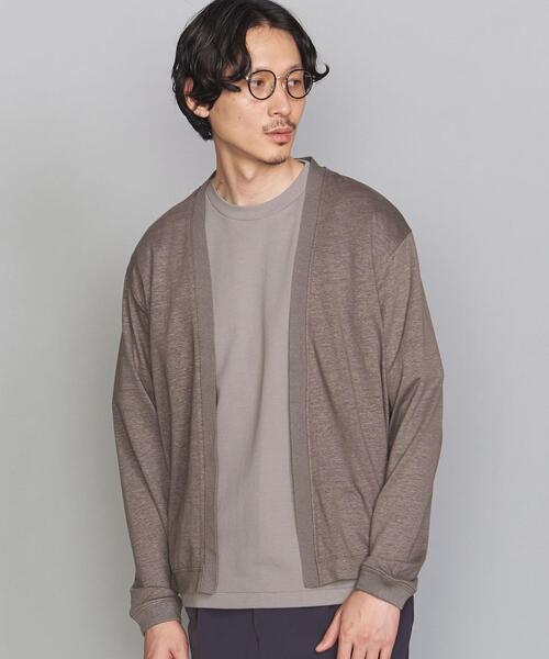 ビューティー&ユース リネン ノーカラー カーディガン ニット 長袖 緑 ビューティー\u0026ユース ノーカラージップジャケット 麻 リネン L