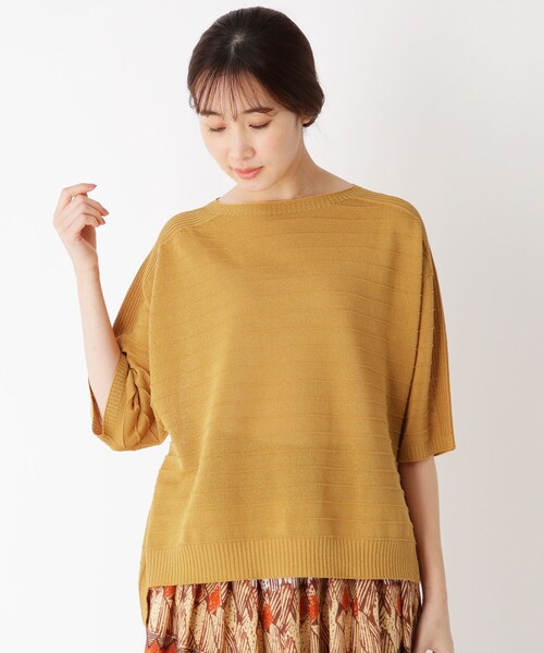 smart pink(スマートピンク)の「◆【手洗い可】ペーパー混ホールガーメント(R)ボーダーニット(ニット/セーター・レディース・グリーン/マスタード/ライトベージュ・88)」の1枚目の写真