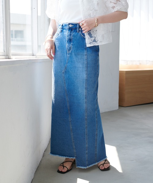 DISCOAT（ディスコート）の「リメイク風デニムナロースカート（デニム