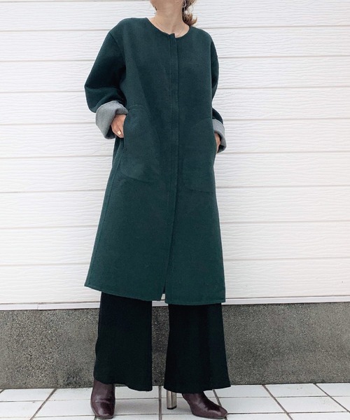 Q(キュー)の「リバーシブルノーカラーコート(ノーカラーコート・レディース・ライトブルー/ブラック/モスグリーン・MEDIUM)」の2枚目の写真