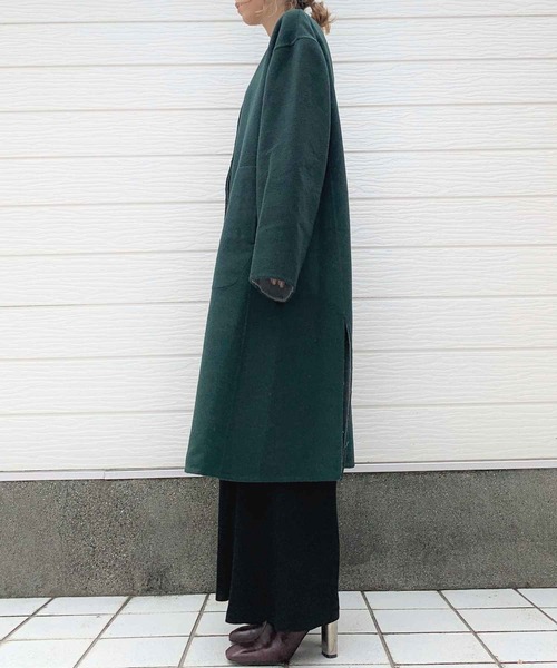 Q(キュー)の「リバーシブルノーカラーコート(ノーカラーコート・レディース・ライトブルー/ブラック/モスグリーン・MEDIUM)」の14枚目の写真