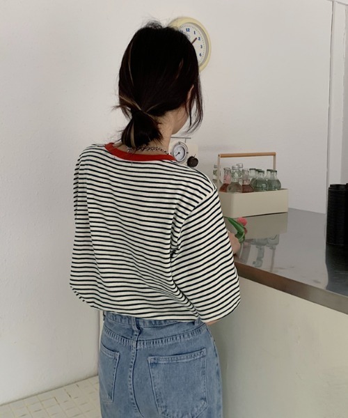 MANGROVE（マングローブ）の「ネックポイントカラーボーダーtee（Tシャツ/カットソー・レディース・ブラック/グレー/レッド/グリーン・FREE）」の14枚目の写真