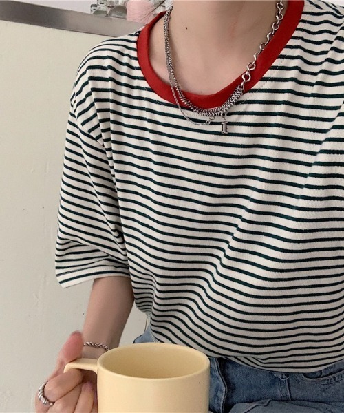MANGROVE（マングローブ）の「ネックポイントカラーボーダーtee（Tシャツ/カットソー・レディース・ブラック/グレー/レッド/グリーン・FREE）」の21枚目の写真