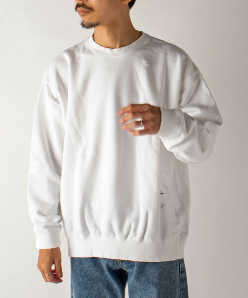 GLOSTER（グロスター）の「【GLOSTER/グロスター】ダメージ加工 クルーネックスウェット（スウェット・メンズ・ホワイト/ブラック・MEDIUM）」の2枚目の写真