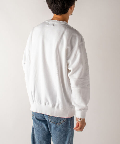 GLOSTER（グロスター）の「【GLOSTER/グロスター】ダメージ加工 クルーネックスウェット（スウェット・メンズ・ホワイト/ブラック・MEDIUM）」の9枚目の写真