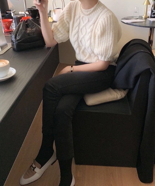 LAC-VERT（ラック・ヴェール）の「パフスリーブボリューム半袖ニット（ニット/セーター・レディース・グレー/ピンク/ホワイト/ベージュ・FREE）」の9枚目の写真