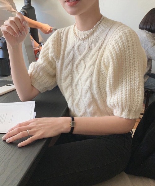 LAC-VERT（ラック・ヴェール）の「パフスリーブボリューム半袖ニット（ニット/セーター・レディース・グレー/ピンク/ホワイト/ベージュ・FREE）」の5枚目の写真