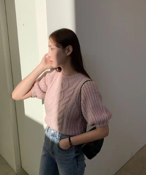 LAC-VERT（ラック・ヴェール）の「パフスリーブボリューム半袖ニット（ニット/セーター・レディース・グレー/ピンク/ホワイト/ベージュ・FREE）」の13枚目の写真