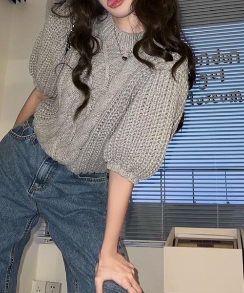 LAC-VERT（ラック・ヴェール）の「パフスリーブボリューム半袖ニット（ニット/セーター・レディース・グレー/ピンク/ホワイト/ベージュ・FREE）」の18枚目の写真