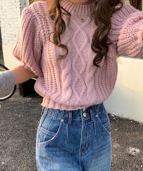 LAC-VERT（ラック・ヴェール）の「パフスリーブボリューム半袖ニット（ニット/セーター・レディース・グレー/ピンク/ホワイト/ベージュ・FREE）」の15枚目の写真