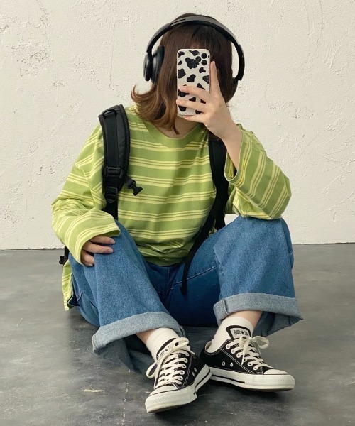 kutir(クティール)の「ボーダーロンT(Tシャツ/カットソー・レディース・チャコールグレー/ブラック/サックスブルー/ライトグリーン/キャメル・FREE)」の4枚目の写真