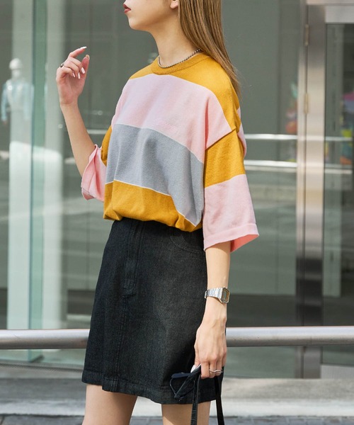 Snap club（スナップクラブ）の「【Snap club】 カラーマルチボーダー ビックシルエット アソートサマーニット/半袖ニット（ニット/セーター・メンズ・ブルー/グリーン/パープル系/イエロー系・M/L）」の12枚目の写真