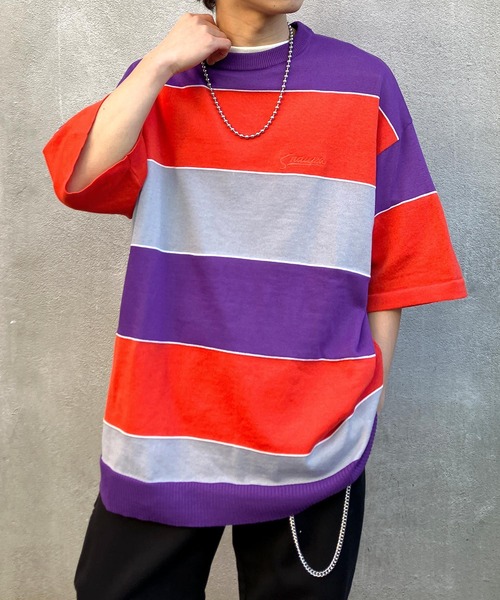 Snap club（スナップクラブ）の「【Snap club】 カラーマルチボーダー ビックシルエット アソートサマーニット/半袖ニット（ニット/セーター・メンズ・ブルー/グリーン/パープル系/イエロー系・M/L）」の5枚目の写真