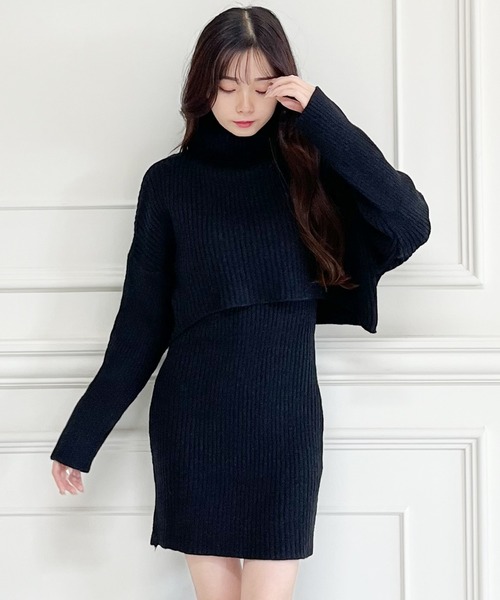 MIIA(ミーア)の「タートルネックレイヤードワンピース(ワンピース・レディース・ブラック/オフホワイト/モカ・FREE)」の2枚目の写真