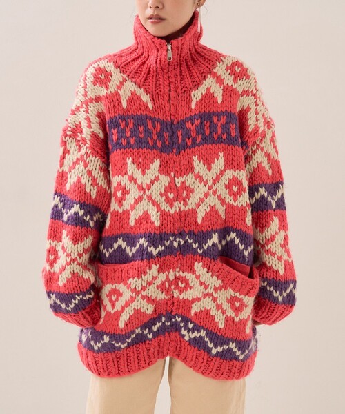 FREAK'S STORE（フリークスストア）の「カウチンニットジップカーデ（カーディガン/ボレロ・レディース・ピンク/ブルー・ﾌﾘ-）」の4枚目の写真