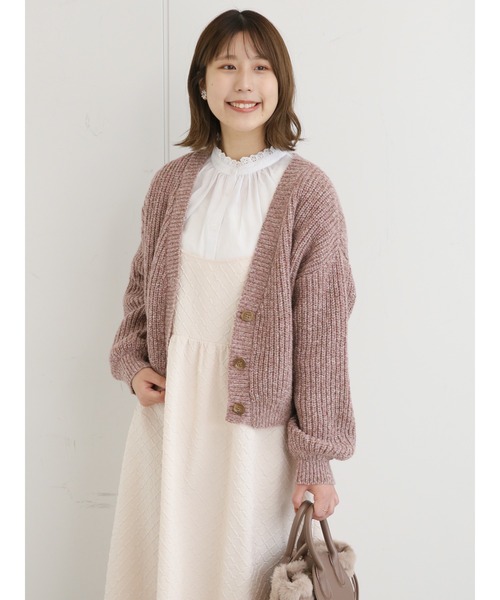 ehka sopo（エヘカソポ）の「ミックスヤーンVネックカーディガン（カーディガン/ボレロ・レディース・ベージュ/ピンク/グリーン・ﾌﾘ-）」の3枚目の写真