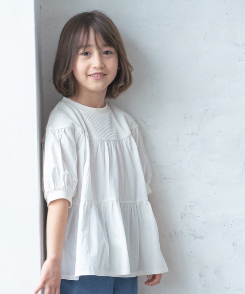 pairmanon（ペアマノン）の「【ふんわりワッフル】ガールズティアードボリューム異素材半袖Tシャツ（Tシャツ/カットソー・キッズ・グレイッシュベージュ/アイボリー/ブラック/ピンク・90/130/140/150/100/110/120）」の2枚目の写真