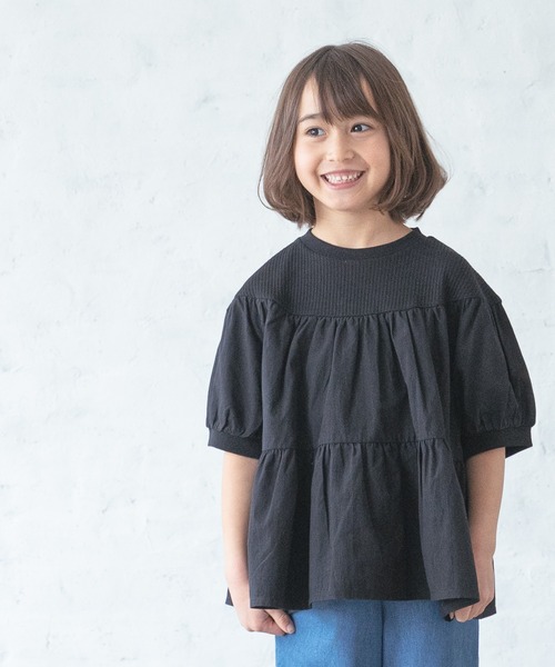 pairmanon（ペアマノン）の「【ふんわりワッフル】ガールズティアードボリューム異素材半袖Tシャツ（Tシャツ/カットソー・キッズ・グレイッシュベージュ/アイボリー/ブラック/ピンク・90/130/140/150/100/110/120）」の3枚目の写真